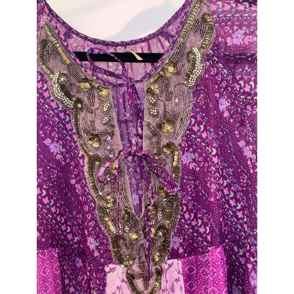 Free People Whimsical Purple Patchwork Boho  Top S/M